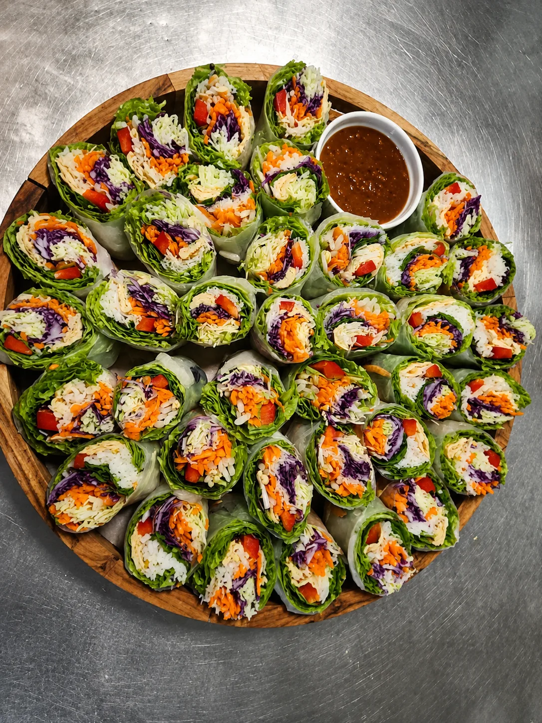 A round platter of rice paper rolls arranged around a dipping sauce