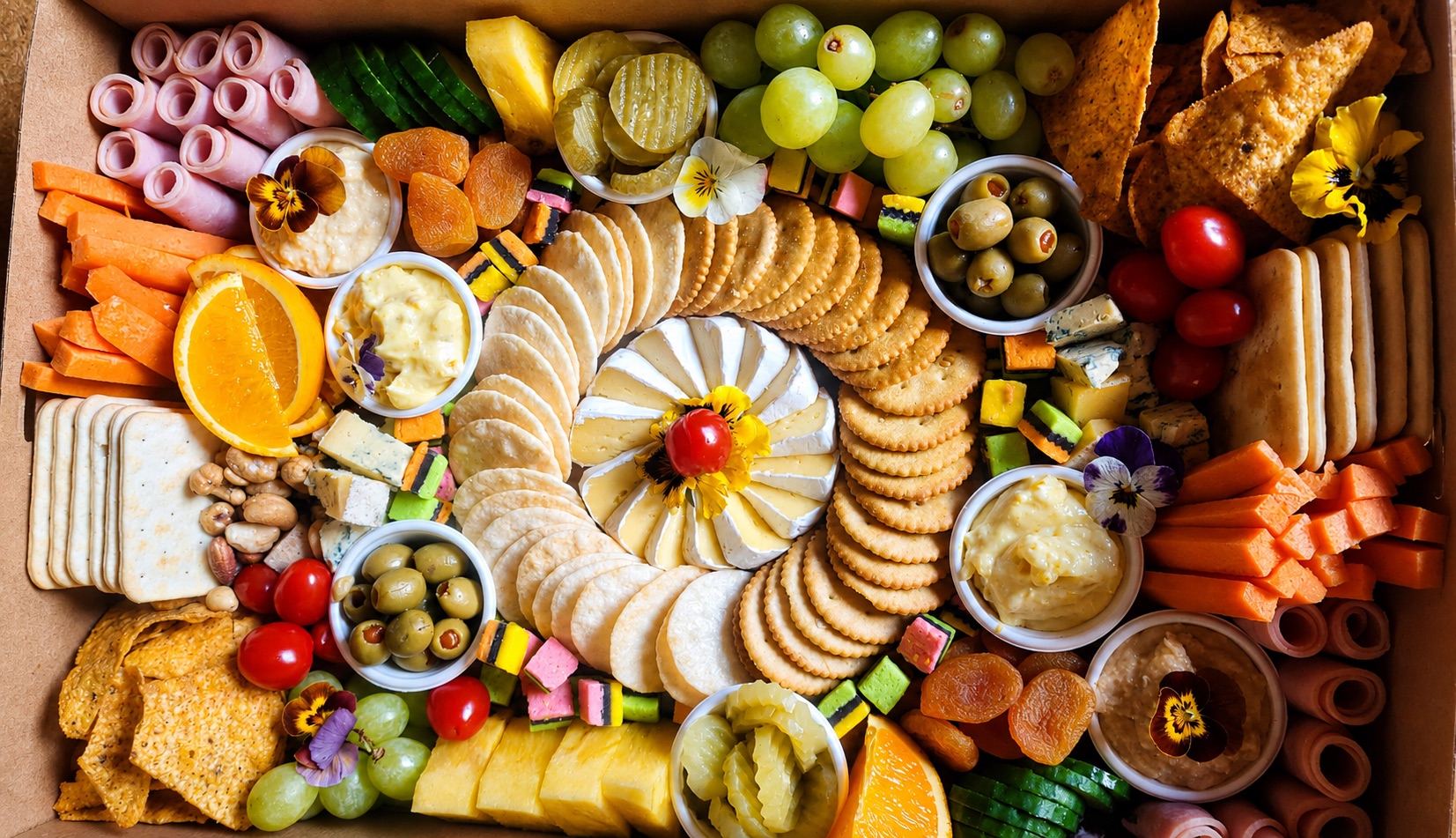 An overhead grazing platter with crackers, cheeses, cured meats and fruit