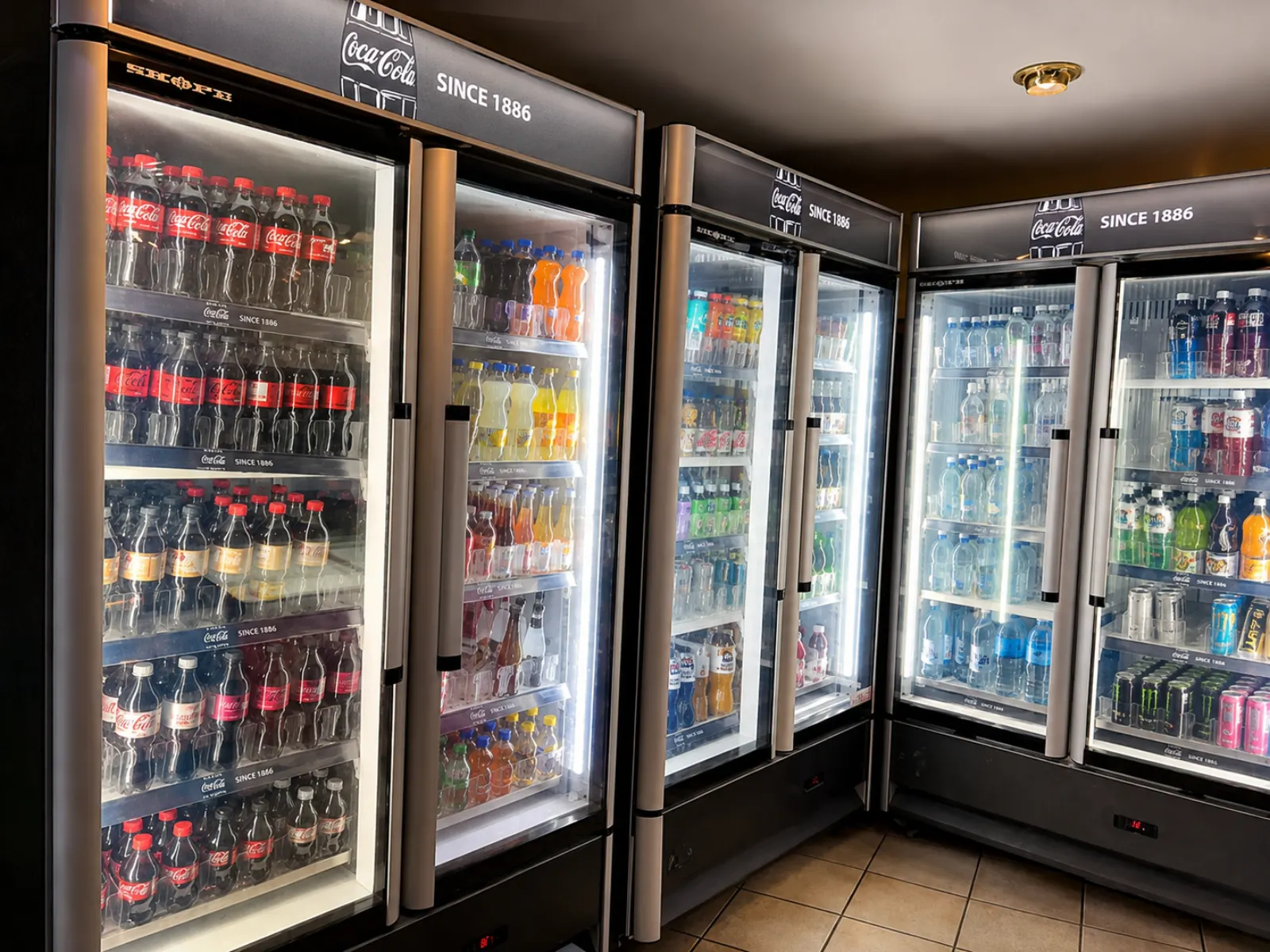 Fridges stocked with cold drinks, juices and water